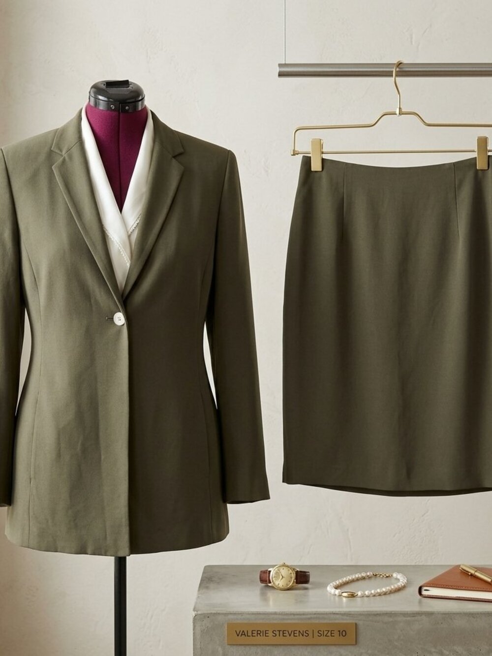 EUC: Vintage Valerie Stevens Sz 10 Olive Green Professional Skirt Suit